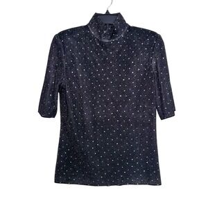St John Black Sparkle Rhinestone Glam Mock Neck 3/4 Sleeve Top Size S‎